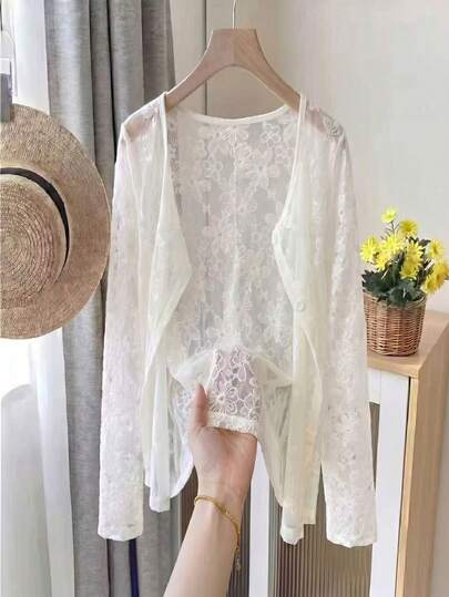 INAWLY Women's Fashionable Elegant Lace Embroidered Sheer Single-Breasted Long Sleeve Blouse
