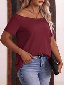 EMERY ROSE New Basic Vintage Wine Red Casual One-Shoulder Short Sleeve Plus Size T-Shirt - Burgundy - View 4