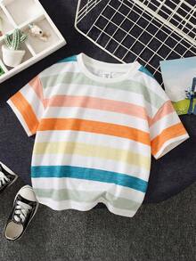 SHEIN Cute Colorful Striped Knit T-Shirt Top, Versatile For Baby Boys And Girls In Summer - Multicolor - View 4