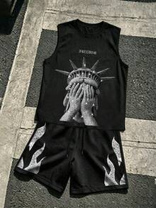 Manfinity EMRG Men's Graphic Print Round Neck Tank Top And Shorts Casual Set - Black - View 1