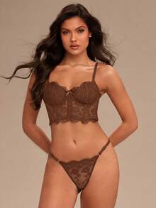 Enchnt 2件套女士白色浪漫长款文胸内衣套装 - 咖啡棕 - 查看 4