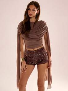 Avenya Draped Neck Ruffle Tie Shoulder Knit Top - Brown - View 3