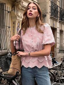 SHEIN PariChic Women's Light Pink Blouse,Summer Elegant Tea Party Short-Sleeve Round Neck Lace Trim,Floral Embroidery,Waist-Cinching Double-Layer Ruffled Hem Top - Baby Pink - View 3