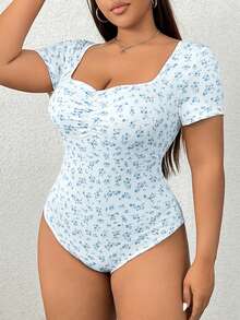 SHEIN EZwear 大码夏季休闲蓝色碎花连体衣 - 藍色 - View 3