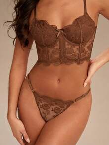 Enchnt 2件套女士白色浪漫长款文胸内衣套装 - 咖啡棕 - 查看 2