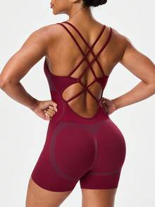 Seamluxe SHEIN Sport Bộ áo liền quần thể thao không đường may, áo liền quần tập thể dục, áo liền quần ôm sát gợi cảm hở lưng, đồ thể thao nữ. - Màu Đỏ Sâu - Xem 2
