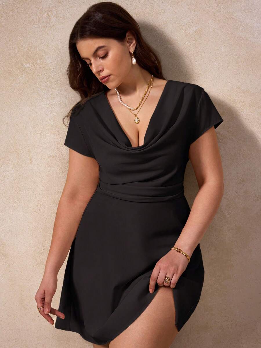 Elegantrix Đầm ngắn dáng suông tay ngắn cổ xếp ly eo dành cho nữ cỡ lớn mùa xuân/hè, kiểu dáng thường ngày. - màu đen - Xem 1