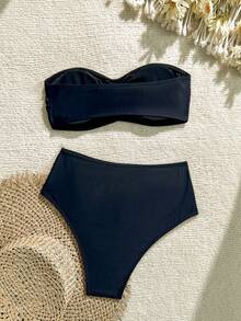 SHEIN Swim 全新 2 件套女式黑色抹胸上衣和短裤泳衣套装，夏季海滩度假休闲装 - 黑色 - 查看 2