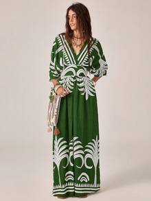 Florisole Robe décontracté, de soirée et de voyage à col V plissée pour femme - Vert - Voir 1