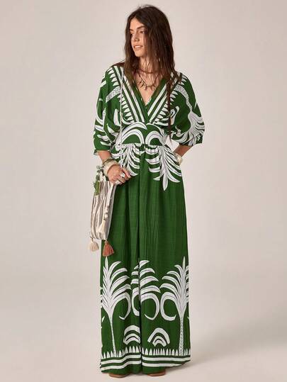 Florisole Women's New European And American Style Long Dress, Green Loose Casual Long Dress, Suitable For Spring, Summer, Autumn And Winter, Floral Dresses, Festival Outfits, Office Dresses, Travel And Vacation Dresses, Graduation Dresses, Beach Dresses, Versatile Dresses.,Green Dresses For Women Beach Outfit For Women Floral Dresses For Women