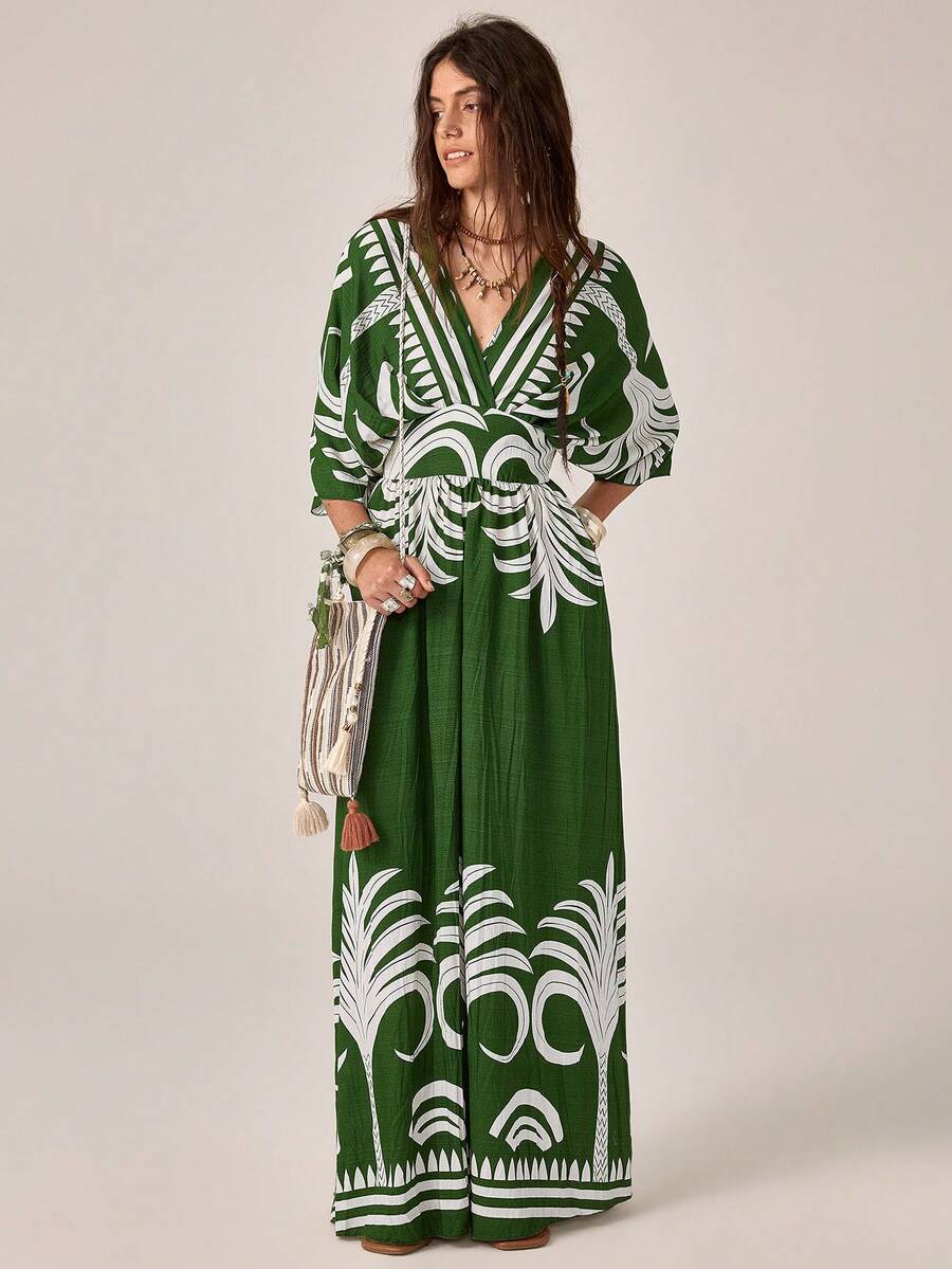 Florisole Robe décontracté, de soirée et de voyage à col V plissée pour femme - Vert - Voir 1