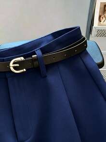 Franclia Quần short kaki màu trơn mới, đa năng, cạp trung bình hoặc cao, có thắt lưng, kiểu dáng thường ngày và đi làm, dành cho nữ, thích hợp cho mùa hè. - Màu xanh lam - Xem 3