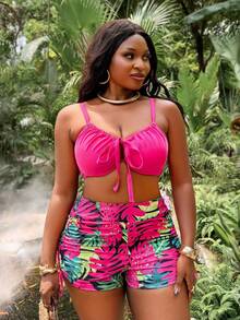 Slaydiva 2026 New Plus Size Summer Hot Pink Tie-Front Bikini Top Tropical Ruched Shorts Set, Beach Holiday Pool Party Vacation Holiday Swimwear Black Floral Tropical - Hot Pink - View 3