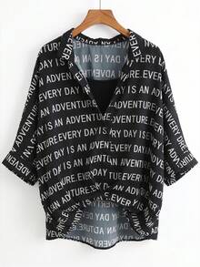 INAWLY Plus Size Women Summer Casual Letter Print Shirt - Black - View 3