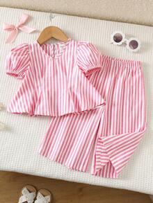 Conjunto de top de manga corta a rayas con lazo y pantalones de cintura elástica para bebé niña en verano - Rosa - Ver 2