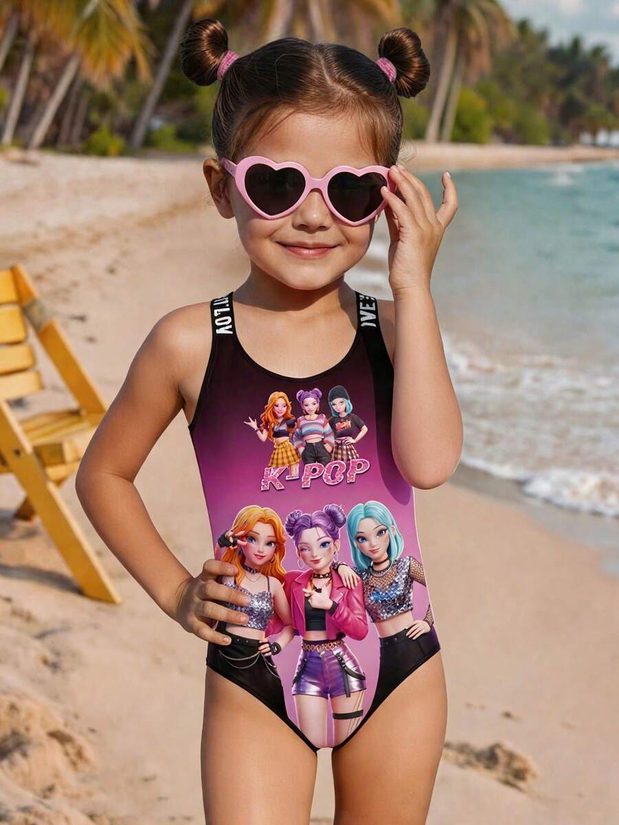 新款时尚女童连体泳衣，比基尼吊带连体裤，数码印花可爱交叉绑带，女童沙滩泳装 - 彩色 - 查看 1