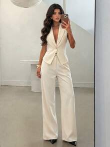 Modelyn Bộ đồ nữ màu mơ dệt kim không tay, dáng chữ A, thắt eo, gồm áo và quần ống đứng, trang phục thường ngày thoải mái cho mùa xuân/hè. - Màu be - Xem 5