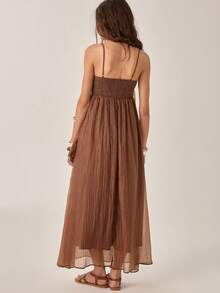 Florisole Women's Elegant Coffee Brown Summer Boho Music Festival Multi-Layer Ruffle Lace Trim Backless A-Line Dress,Lightweight Vintage Vacation Long Dress - Brown - View 9