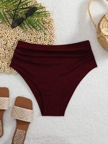 Shapewave Women's Summer Casual Vacation Ribbed High Waist Shorts, Tummy Control Black Swimwear Bottom - Burgundy - View 7
