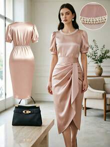SHEIN LUNE Women's Dusty Pink Summer Elegant Wedding Ninang Midi Dress,Short Ruffle Sleeves,Shirred Bust Cup,Sophisticated Business Formal Outfit For Ladies - Multicolor - View 1