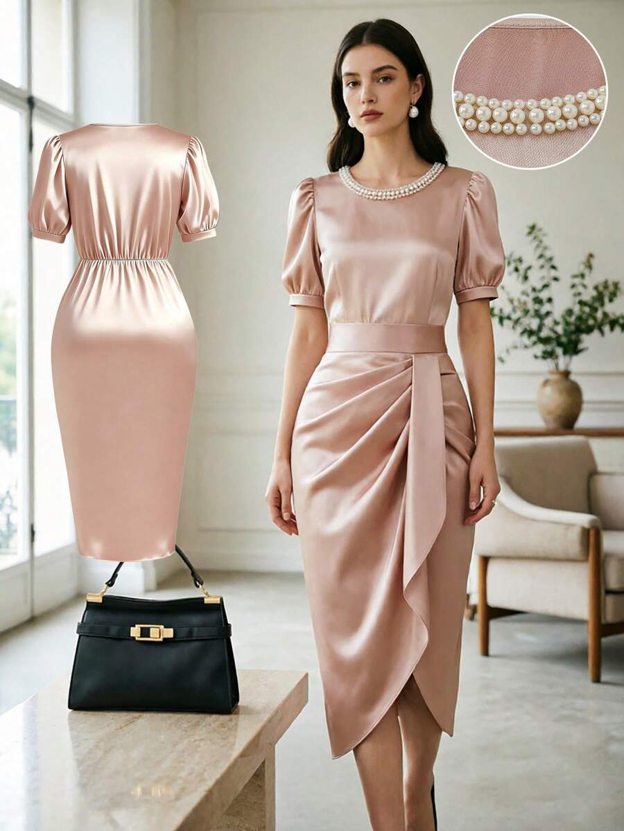 SHEIN LUNE Women's Dusty Pink Summer Elegant Wedding Ninang Midi Dress,Short Ruffle Sleeves,Shirred Bust Cup,Sophisticated Business Formal Outfit For Ladies - Multicolor - View 1