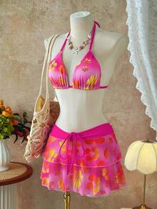 Swim Mod 3pcs/Set Girl's Floral Print Spaghetti Strap Halter Bikini Top, V-Cut Bottoms And Short Mesh Skirt - Multicolor - View 5