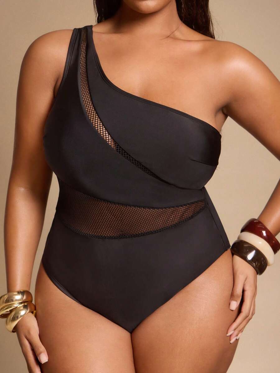 SHEIN BAE Plus Size Women Summer Beach Vacation Solid Color Splice Mesh One-Piece Swimsuit - Black - View 1