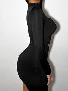 Sirith Vestido de mujer de manga larga y un solo hombro con diseño hueco - Negro - Ver 3