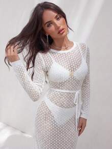 Glamine 性感优雅镂空针织长袖女式长款毛衣连衣裙 - 米色 - 查看 4