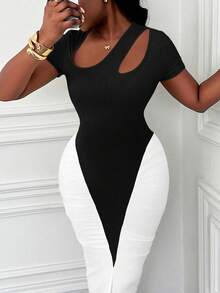 Xyvia New Elegant Sexy Asymmetrical Neck Hollow Out Bodycon Ruched Colorblock Fitted Mermaid Dress For Women Cutout Dress Maxi Dress Black And White Dress Elegant Dress Fitted Dress Zanea Dress For Woman Busniess Formal Outfits For Women Body Fit Long Dress New Arrival Dress For Women Casual - Black and White - View 5