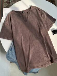 SHEIN EZwear 大码复古巧克力棕色宽松短袖V领T恤，纯棉面料，春夏款 - 巧克力棕 - 查看 4
