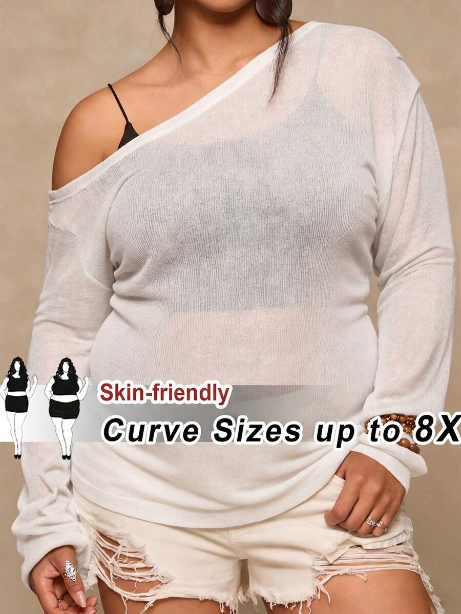SHEIN CURVE+ 大码休闲不对称领针织上衣,秋冬季百搭T恤 - 白色 - 查看 1
