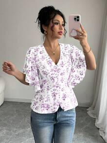 Elenzga 女士春夏法式优雅通勤休闲印花V领收腰鱼尾花瓣袖衬衫 - 淡紫色 - 查看 6