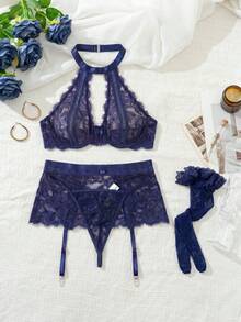 4pcs Lace Women's Sexy Lingerie Set (With Underwire Bra, G-String, Waist Belt, 2pcs Fishnet Stockings) - Navy Blue - View 3