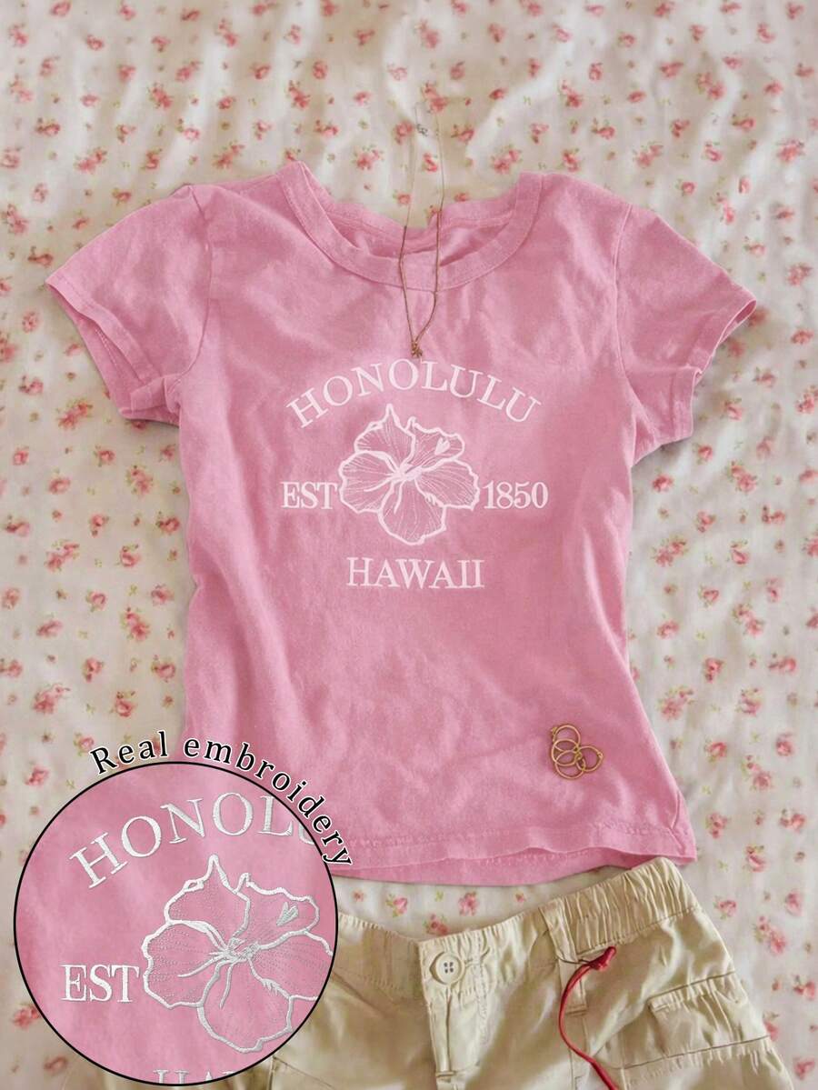 Glimmora Hawaiian Letter & Floral Embroidery Design Women's Regular Fit Short Sleeve Round Neck T-Shirt, Gift For Friends - Pink - View 1