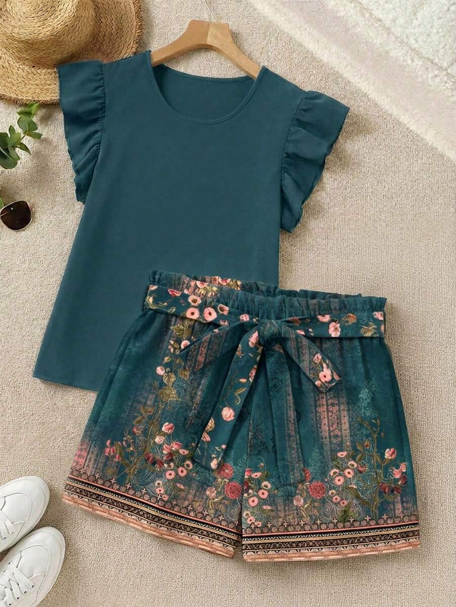 SHEIN LUNE Plus Size Casual Solid Color Ruffle Sleeve Top And All-Over Print Shorts 2-Piece Set - Multicolor - View 1
