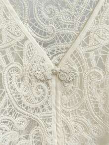 Franclia Chaqueta corta de mujer elegante de encaje transparente de manga corta, ligera para el verano - Albaricoque - Ver 8