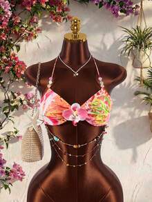 Amplova Boho Floral Halter Top For Women, Summer Holiday Vacation Spaghetti Strap 3D Backless Amber Stone Charming Beach Party - Multicolor - View 6