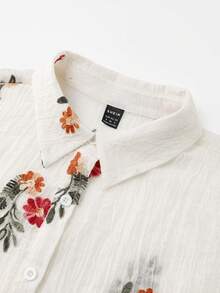 Casual Floral Embroidered Chiffon Dolman Sleeve Shirt And Shorts Set For Women - Apricot - View 3