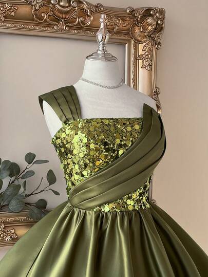 Lovelzi Đầm dạ hội dáng chữ A không dây vai, xếp ly, màu xanh lá cây, chất liệu satin đính sequin, thanh lịch, lãng mạn và thời trang, thích hợp cho tiệc cưới, tiệc độc thân, dạ hội.