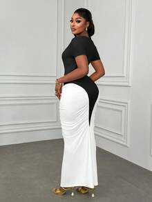 Xyvia New Elegant Sexy Asymmetrical Neck Hollow Out Bodycon Ruched Colorblock Fitted Mermaid Dress For Women Cutout Dress Maxi Dress Black And White Dress Elegant Dress Fitted Dress Zanea Dress For Woman Busniess Formal Outfits For Women Body Fit Long Dress New Arrival Dress For Women Casual - Black and White - View 2