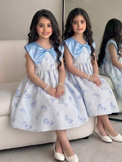 1 chiếc đầm hè mới màu hồng satin cho bé gái, cổ nơ, dệt họa tiết bướm, eo chun, kiểu dáng ngọt ngào, dễ thương, thời trang, thanh lịch, công chúa, dài đến đầu gối, thích hợp cho tiệc tùng/sinh nhật/biểu diễn.