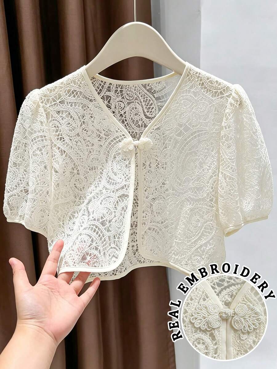 Franclia Women's Elegant Lace Sheer Short Sleeve Cropped Lightweight Jacket, Summer - Apricot - View 1