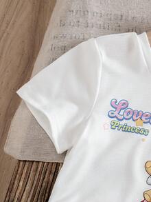 Set de 2 piezas: Camiseta de princesa de manga corta y cuello redondo + Pantalones cortos vaqueros con cintura elástica y volantes, para niñas, de algodón suave y ligero, moda imprescindible para primavera/verano, uso diario, salidas, fiestas, nueva llegada verano 2026 - Blanco - Ver 4
