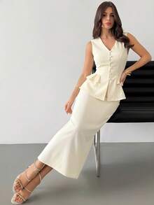 Modelyn Conjunto de 2 piezas para mujer de verano en color blanco crema, top sin mangas con volantes y falda larga con bajo fruncido, elegante semi formal para oficina y atuendos formales - Amarillo - Ver 2