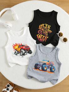 SHEIN Set de 3 piezas de camisetas de niño pequeño con estampado de autos de carreras de verano, conjunto adorable de tops y camisetas sin mangas - Multicolor - Ver 4