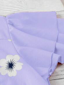 Linhara Spring & Summer French Elegant Commute Casual Vacation Multi-Occasion Floral Print Linen Blend V-Neck Ruffle Sleeve Plus Size Blouse - Mauve Purple - View 6