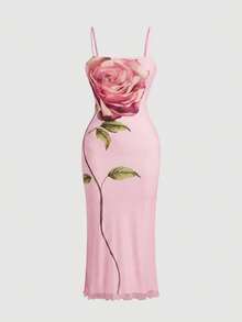 SHEIN MOD Gaun Panjang Sedang Motif Bunga Jala Vintage Romantis Ukuran Plus, Gaun Tali Bunga Pas Badan Musim Semi/Panas, Cocok untuk Pesta & Liburan - Berwarna merah muda - View 2