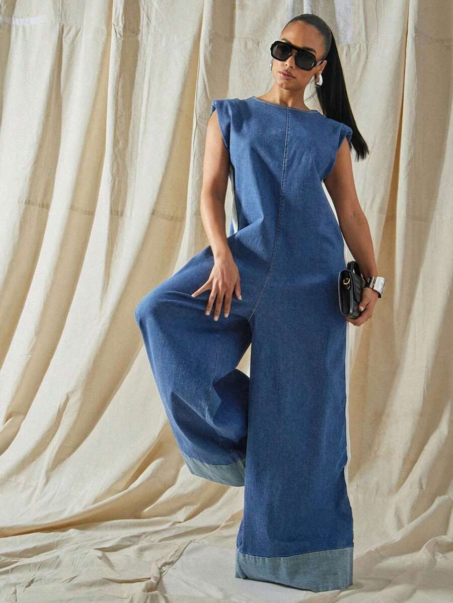 Vixey Fold Over Cuffed Hem Contrast Stripe Padded Shoulder Sleeveless Wide Leg Denim Jumpsuit - Medium Wash - View 1