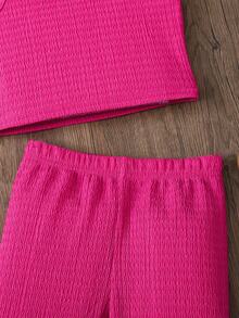 SHEIN Young Girl Casual Textured Pink Camisole Top And Shorts Set - Hot Pink - View 3